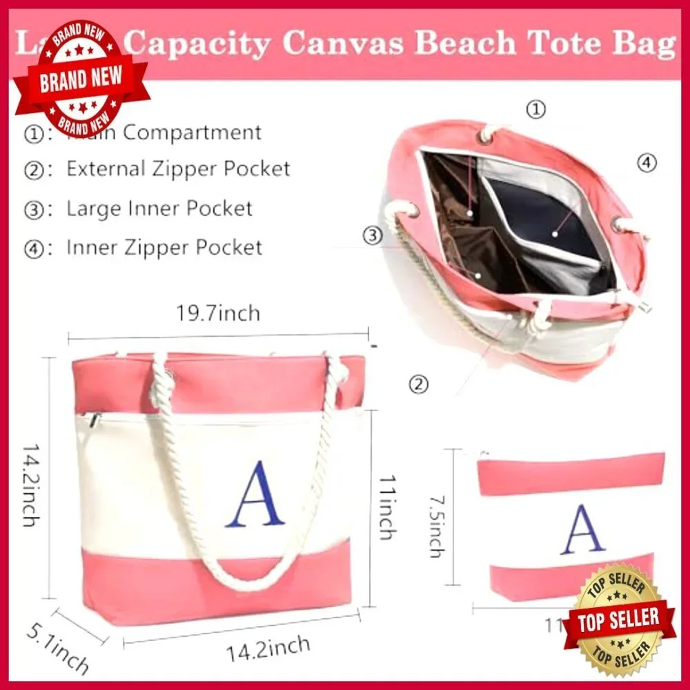 Large Waterproof Canvas Tote Bag with Zipper Pockets for Beach Travel